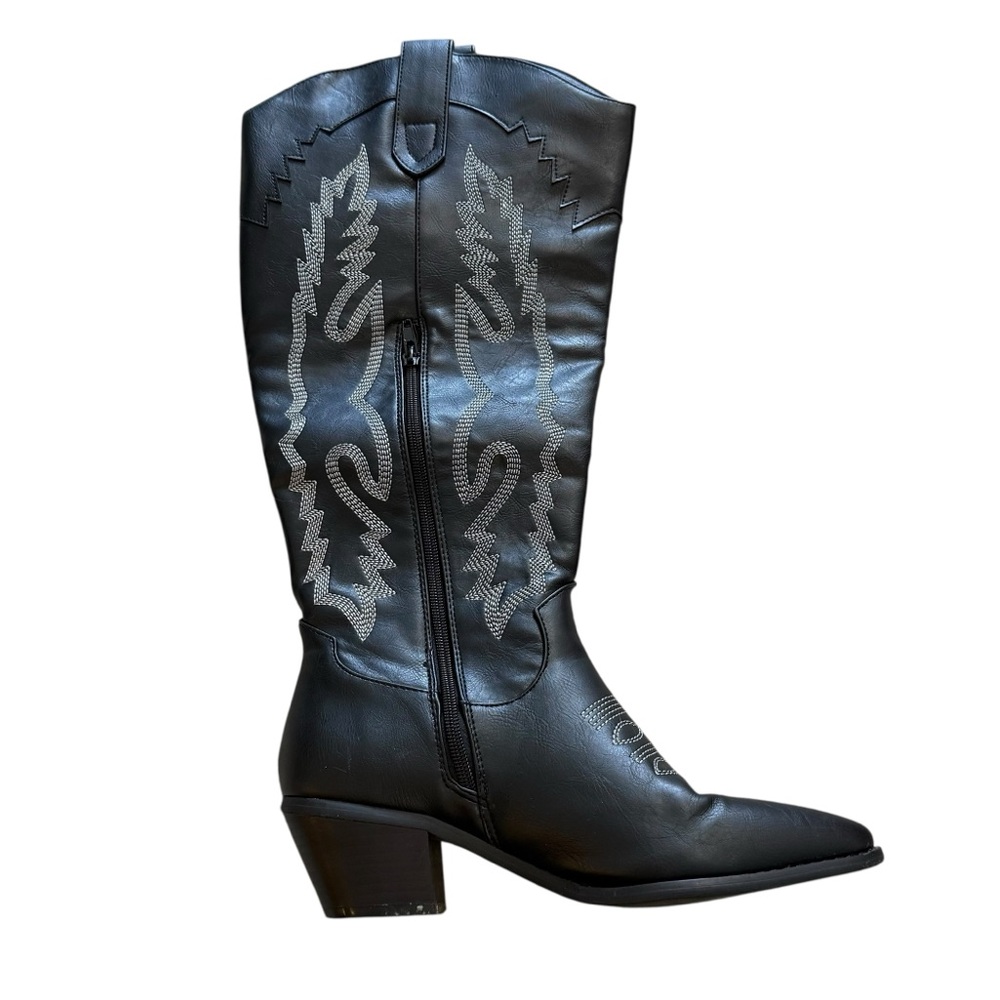 JustFab 7.5 Black Viktoria Cowboy Boots Embroidered Pointed Toe